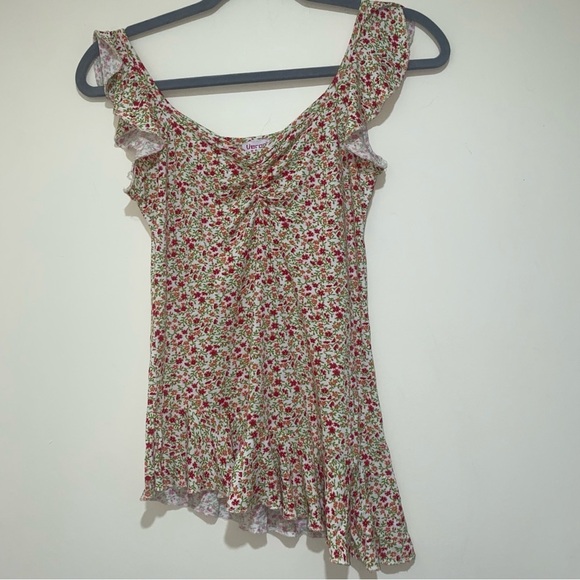 Womens  Y2K Party Girl Summer Floral V-Neck Diagonal Cut Flowy Sleeve stank Top - Picture 12 of 13